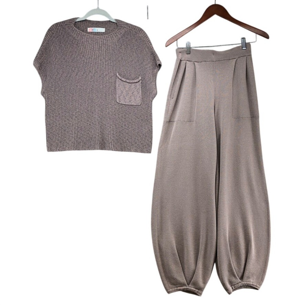 Free People Beach Knit Set Womens Medium Mauve Taupe Harem Pants Sweater Top